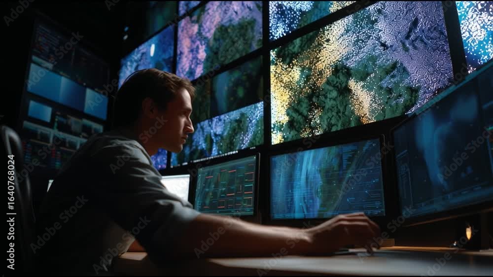 Aufkleber technician operates multiple screens analyzing data in a control room at night