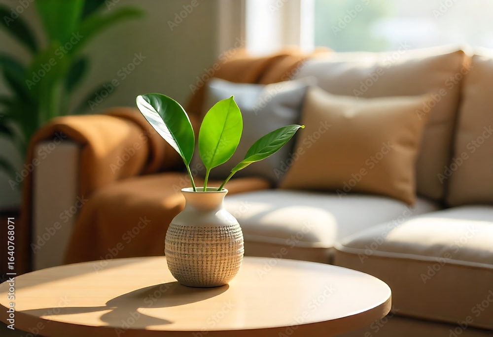 Poster generative ai: indoor scene featuring a plant in a vase on a table with a blurred background