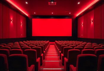 Fototapeta premium Generative AI: Interior Cinema Auditorium with Crimson Hues and Seating Arrangement, Cinematic