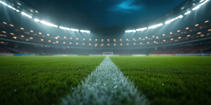 Soccer Field at Night with Stadium Lights and Rain