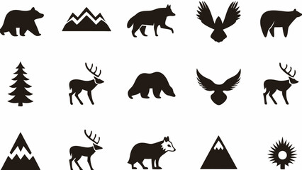 Fototapeta premium Black silhouette of forest animals and nature elements including bear wolf deer eagle and mountains design