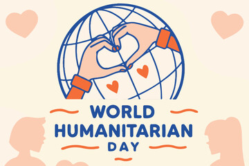 "Creative World Humanitarian Day illustration with hands holding Earth, heart, and global symbols, promoting compassion, charity, and worldwide humanitarian efforts."