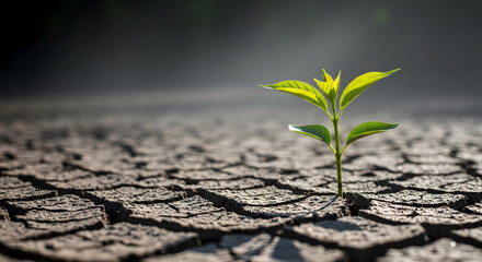 A resilient green sprout emerges from dry, cracked earth, illuminated by a ray of sunlight.