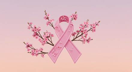 Obraz premium Pink Ribbon with Cherry Blossoms Breast Cancer Awareness Symbol
