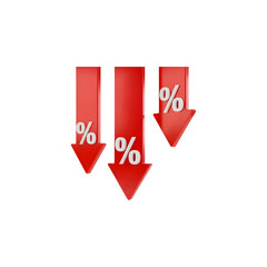 Three Red Downward Arrows with Percentage Symbols on Transparent Background graphic design