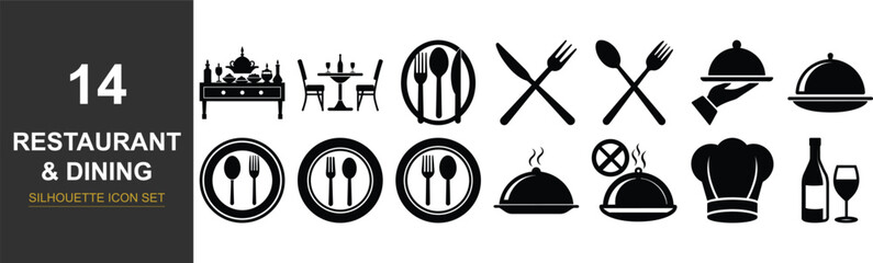 Restaurant and dining icons collection featuring cutlery and table settings
