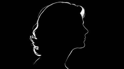 Silhouette of a woman's profile.  Simple, elegant, and feminine form against a black background.  Hair is wavy, falling to the shoulders.  A soft, flowing line style defines the features