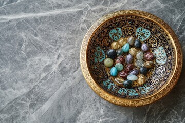 Fototapeta premium Small, colorful gemstones in a decorative bowl on a gray marble surface