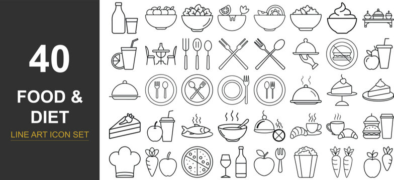 Collection of hand drawn food and diet related icons and illustrations