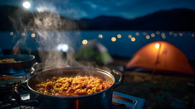 Ground level wide shot of Korean instant ramyeon being cooked metal pot portable gas burner during night camping trip lakeside steam rising under star tent light background highly realistic food
