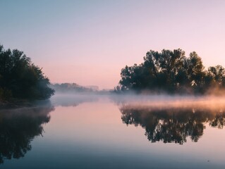 Sunlight streams through misty trees, creating an ethereal mood in the early morning forest scene.