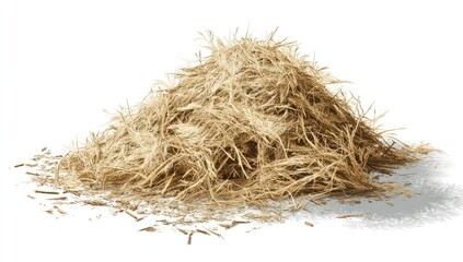 A mound of straw, light tan color, with loose strands, rests on a white background