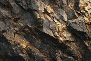 Close-up view of rough, dark, and golden rock face