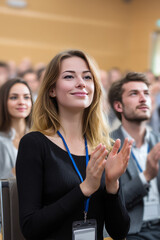 Late afternoon in a government office with flags and emblems A young female official reviews policy documents with her team