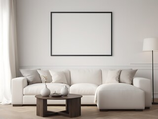 Frame mockup, ISO A paper size. Living room wall poster mockup. Interior mockup with house background. Modern interior design. 3D render
