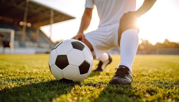 Soccer player kneeling beside soccer ball on stadium field with sunlight, and sport.