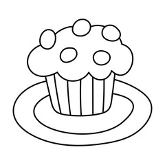 Cupcake with chocolate chips on a plate. Hand drawn doodle linear icon isolated