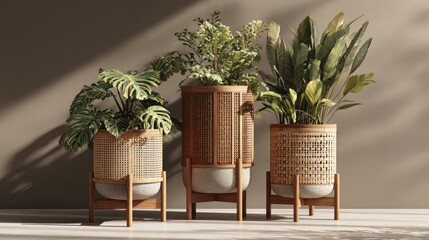 Obraz premium Elegant indoor plants in rattan baskets on wooden stands showcase natural decor