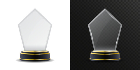 Transparent crystal award isolated on white background. Elegant glass trophy with golden base for...