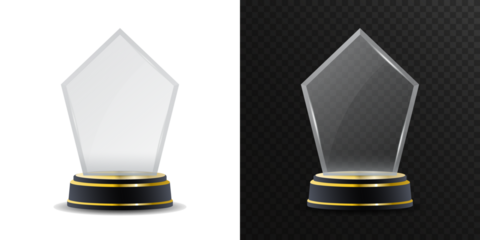 Transparent crystal award isolated on white background. Elegant glass trophy with golden base for business recognition, sport achievements, corporate ceremonies, premium prize and professional excelle