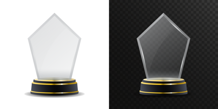 Transparent crystal award isolated on white background. Elegant glass trophy with golden base for business recognition, sport achievements, corporate ceremonies, premium prize and professional excelle