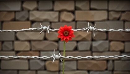 Red flower through barbed wire with stone background – symbolic resilience, memorial tribute