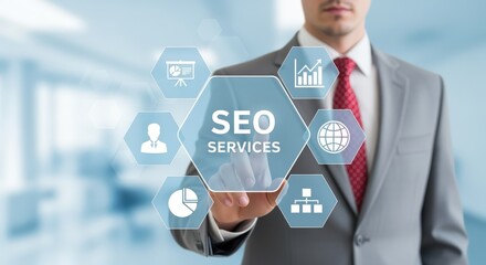 Business professional accessing SEO services via touchscreen interface in a modern office setting, focusing on online marketing