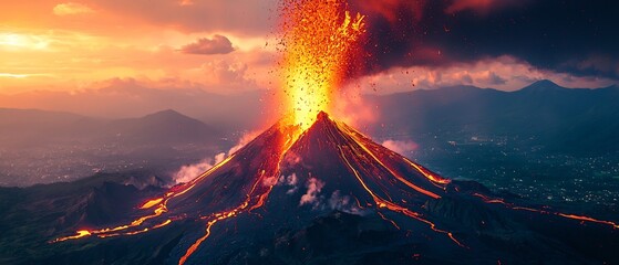 Fototapeta premium Time lapse of an active volcano spewing ash lava and smoke into the sky with the ground below shaking as new landforms are created