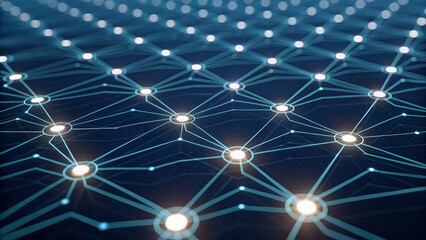Dynamic interconnected digital network glowing with bright nodes and connections, representing innovation