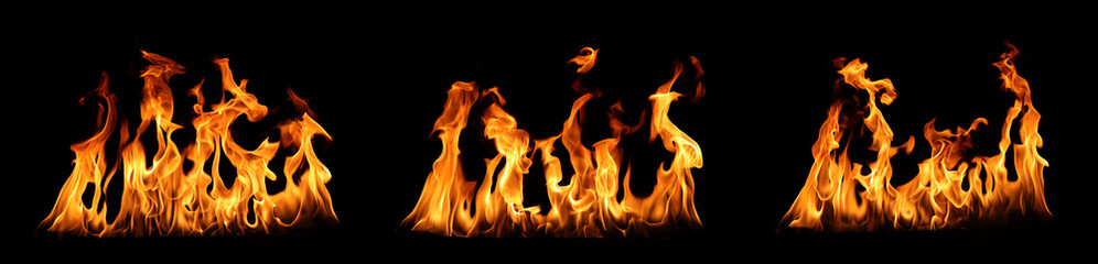 Abstract flames collection isolated on black background. Different burning effects. Flames in the...