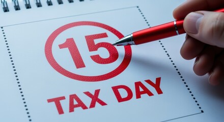 Tax Day Reminder: Red Pen Pointing to the 15th on Calendar, Deadline Concept