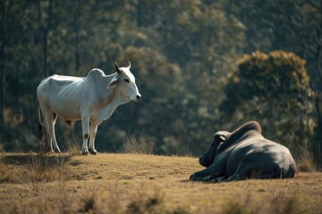 Obraz premium Two cows on a grassy hill