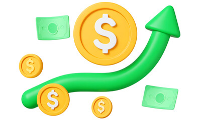 Rising green arrow, gold coins, and paper money symbolize financial growth, profit, and economic success with cheerful, optimistic mood in 3D cartoon style