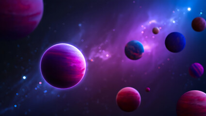 Vibrant purple and pink planets in deep space nebula galaxy cosmos