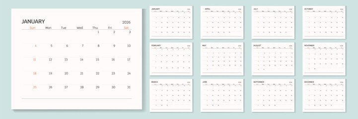 2026 Monthly calendar 12 months template on white background. Minimalist design layout calendar week starts on sunday. Use for New year, business, print.