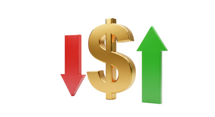 Obraz premium 3d Golden dollar sign with up and down arrows isolated on transparent background