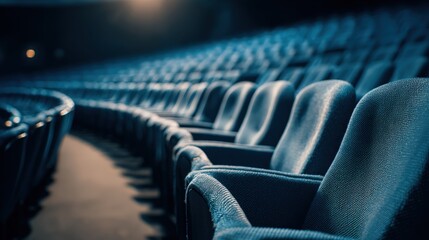 Fototapeta premium Rows of Empty Blue Seats in a Theater Auditorium, Cinematic Atmosphere with Dramatic Lighting