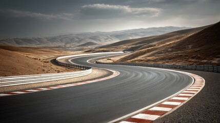Curved Racetrack Through Arid Landscape: High-Speed Adventure and Challenging Desert Road, Ideal for Automotive and Travel Advertising