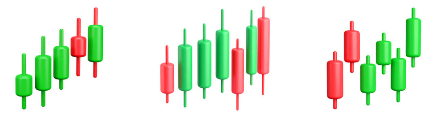 Green and red candlestick chart, financial trading, stock market analysis, bullish and bearish trend, investment, digital illustration, isolated on transparency background