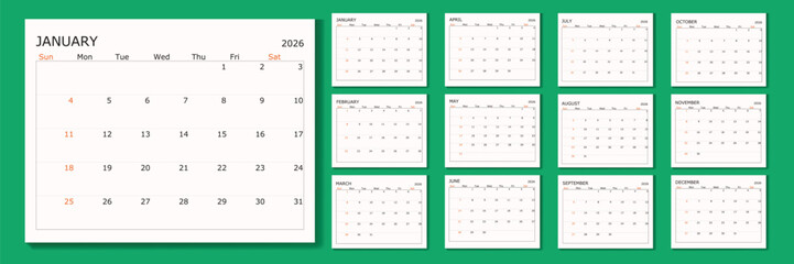2026 Monthly calendar 12 months template on white background. Minimalist design layout calendar week starts on sunday. Use for New year, business, print.