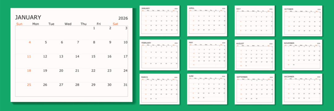 2026 Monthly calendar 12 months template on white background. Minimalist design layout calendar week starts on sunday. Use for New year, business, print.
