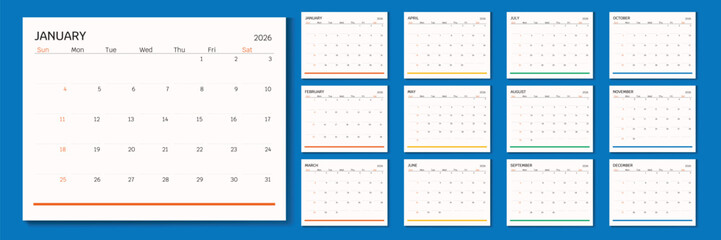 2026 Monthly calendar 12 months template on white background. Minimalist design layout calendar week starts on sunday. Use for New year, business, print.