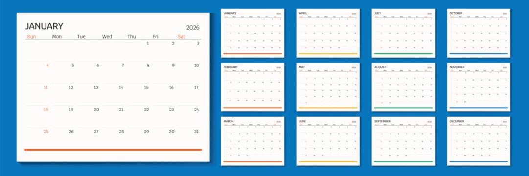 2026 Monthly calendar 12 months template on white background. Minimalist design layout calendar week starts on sunday. Use for New year, business, print.