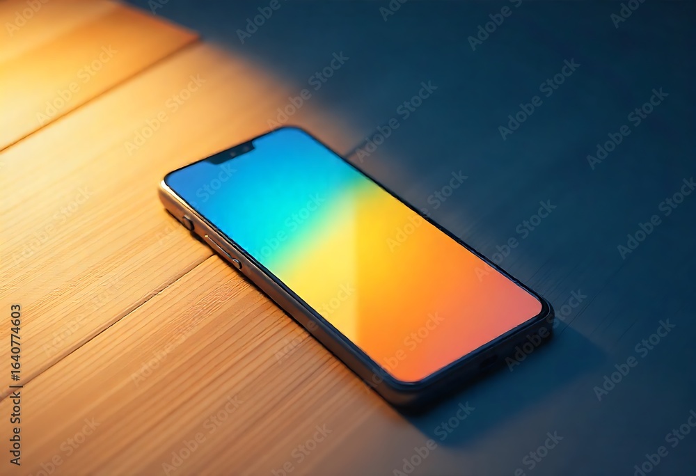 Aufkleber generative ai: smartphone display with gradient displayed on wooden surface in soft light