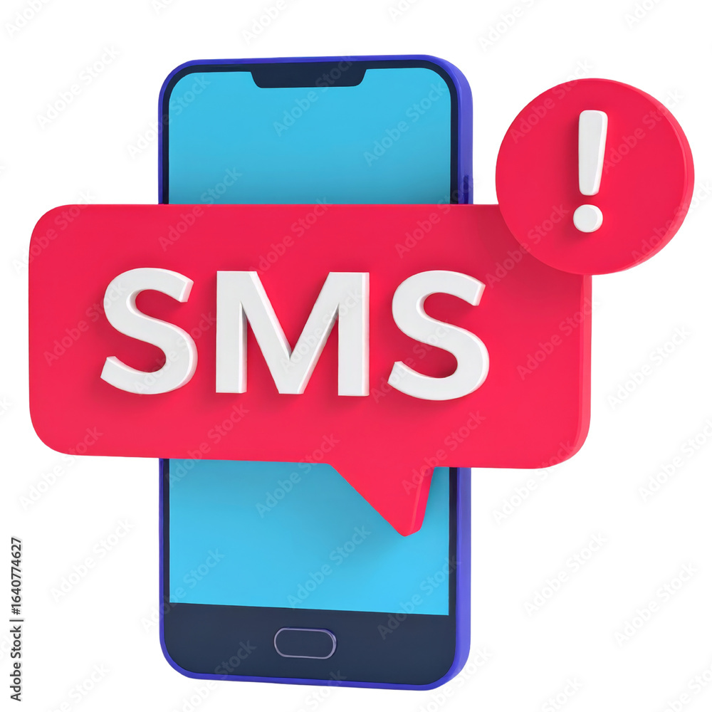 Poster sms notification alert concept with modern smartphone and red speech bubble featuring exclamation ma