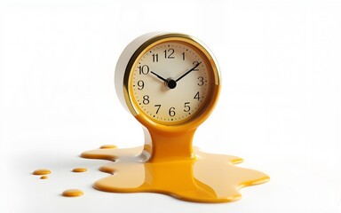 Surreal perception of time depicted by a melting clock with golden liquid effect on white background. High quality