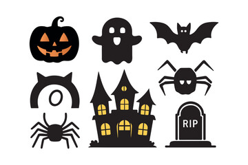 minimal halloween vector pack featuring jack o lantern, ghost, bat, spider web, haunted house, tombstone rip, black cat silhouette icons