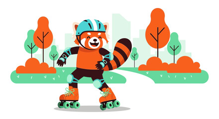 Fototapeta premium Happy Red Panda Enjoying Summer Day Rollerblading in the Urban Park