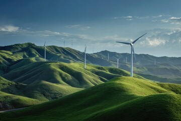 Rolling hills, vibrant green landscape, dotted with modern wind turbines against a clear blue sky