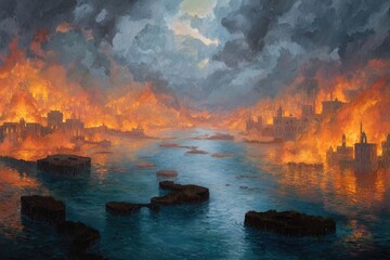 Obraz premium A burning city by a stormy, fiery river